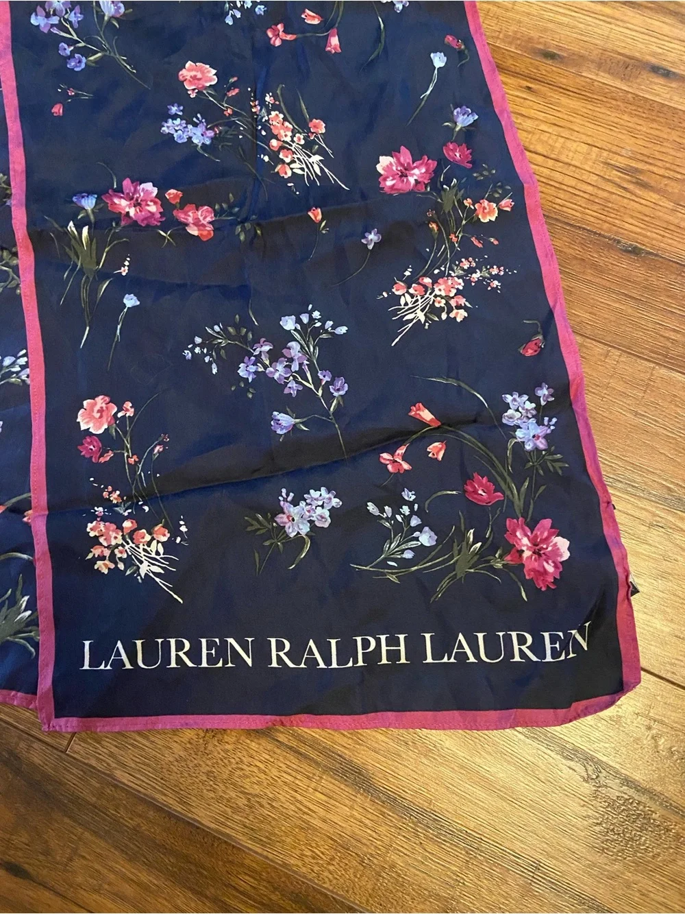 Lauren Ralph Lauren Silk Scarf Navy Floral Pink Trim “Laura” Spell Out Of Stock